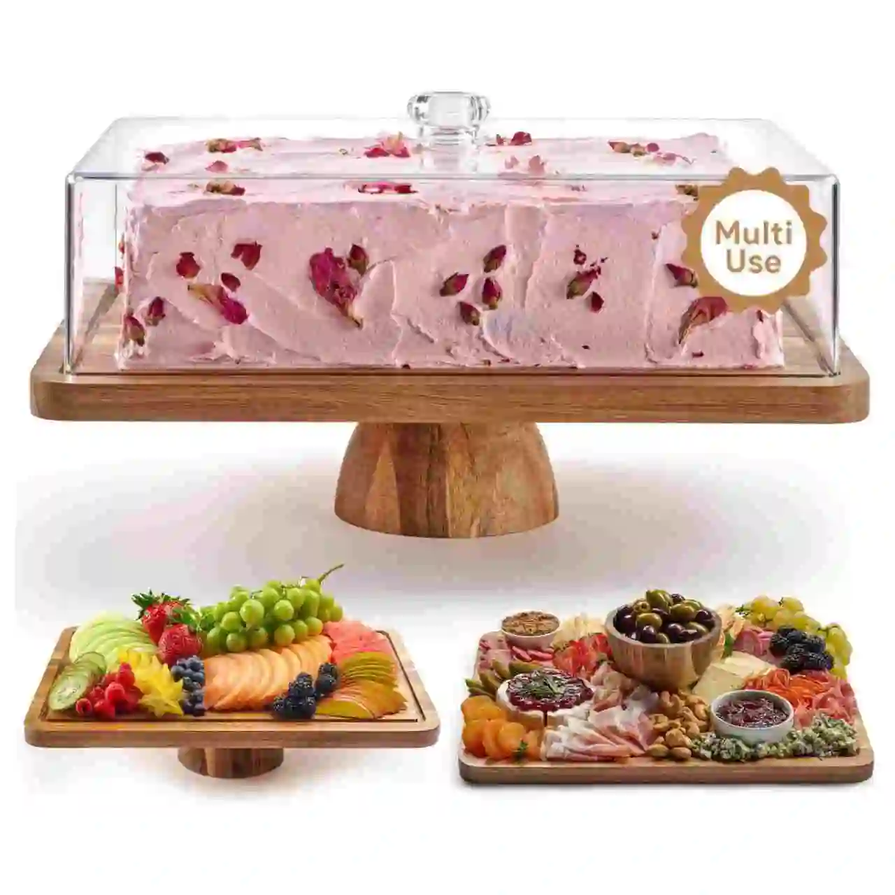 Wood Cake Stand with Lid - Rectangular Cake Holder